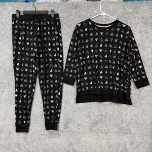 Cuddl Duds Pajama Set Womens Small Black Heart Print Knit Lounge Sleepwear
